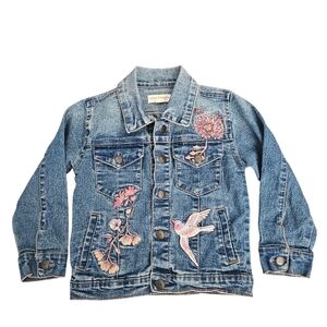 Girls Denim Jean Jacket 4T Flower Bird Embroidered Snap Cowgirl Art Coastal